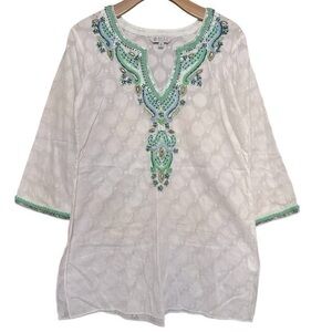 Sulu Collection Women’s Size 6 White Green Blue Embroidered Sequin Tunic Dress